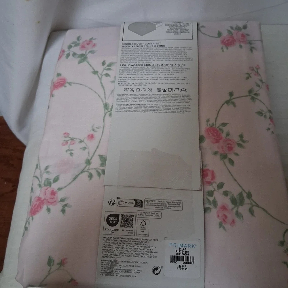 Primark Home Pink Floral Rose Double Duvet Set Cotton Rich 200x200cm New